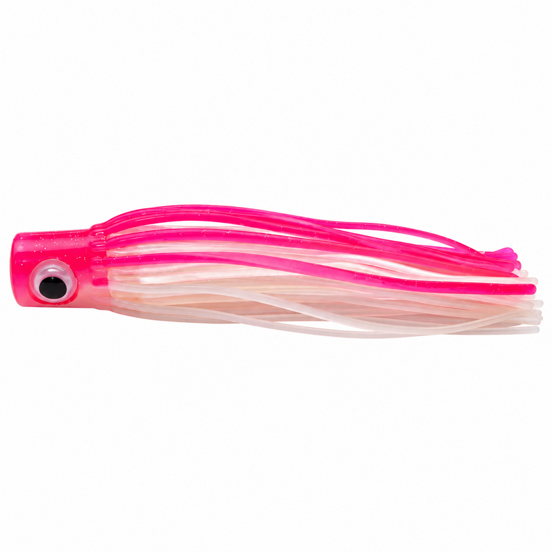 Load image into Gallery viewer, Side view of Mold Craft Little Hook 5.5-inch Pink/White trolling lure with a pink head, reflective eye, and pink and white skirt on a white background.
