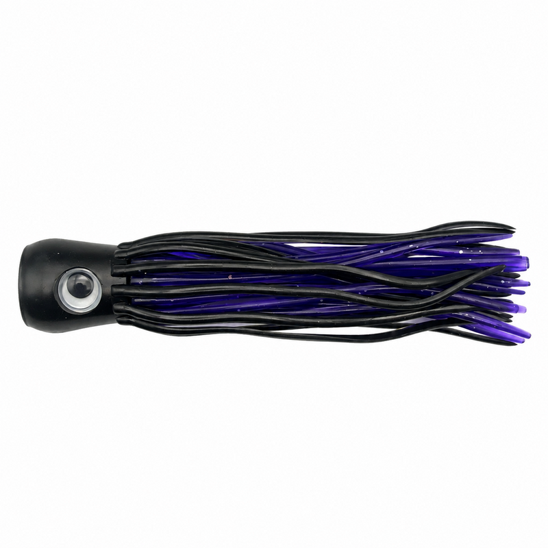 Load image into Gallery viewer, Mold Craft Little Super Chugger 5.5 inch Black/Purple trolling lure with black head, large eye and black-and-purple skirt, side view on white background.
