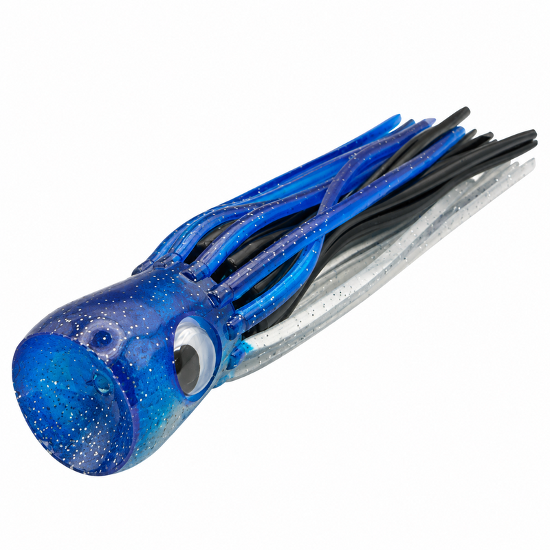 Load image into Gallery viewer, Mold Craft Little Super Chugger 5.5 inch Blue/Silver lure showing its concave scoop face, blue glitter head, large eye and blue, black and white skirt.
