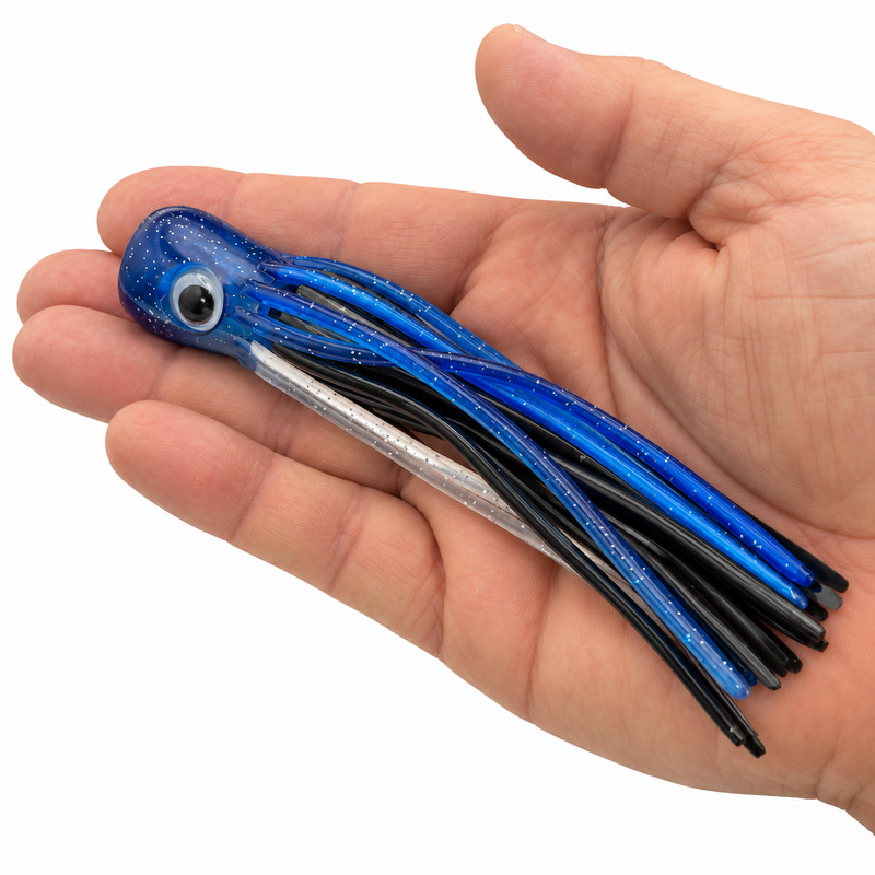 Load image into Gallery viewer, Mold Craft Little Super Chugger 5.5 inch Blue/Silver offshore trolling lure shown in hand for size reference, featuring blue glitter head and multicolor skirt.
