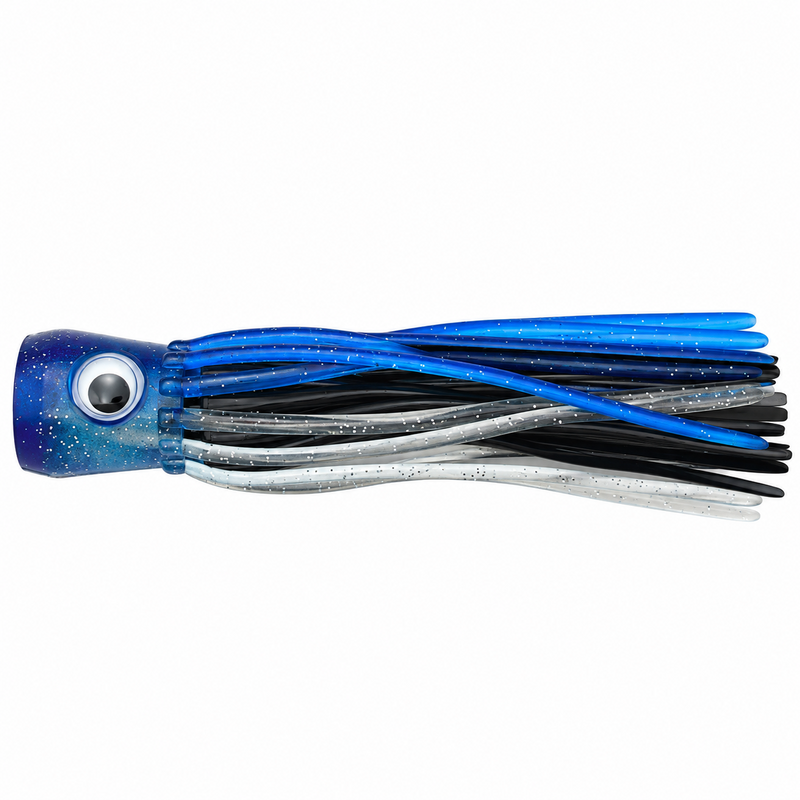 Load image into Gallery viewer, Mold Craft Little Super Chugger 5.5 inch Blue/White trolling lure with blue glitter head and blue, black and silver skirt, side view.
