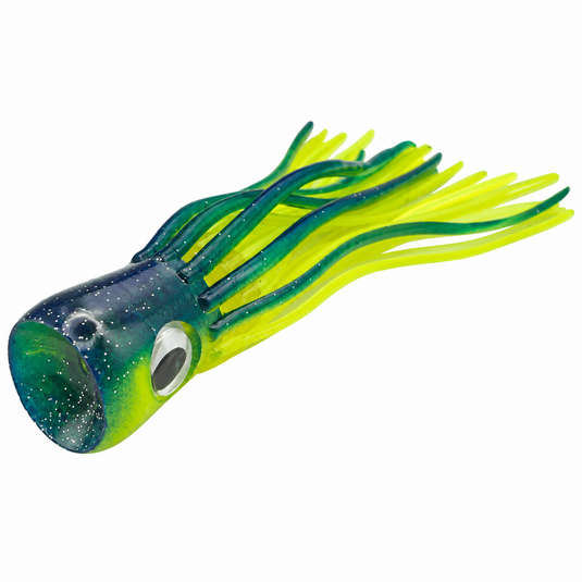 Mold Craft Little Super Chugger 5.5 inch Green/Yellow trolling lure showing the concave scoop face, glittered green head, large eye, and green-and-chartreuse skirt from a front angle.
