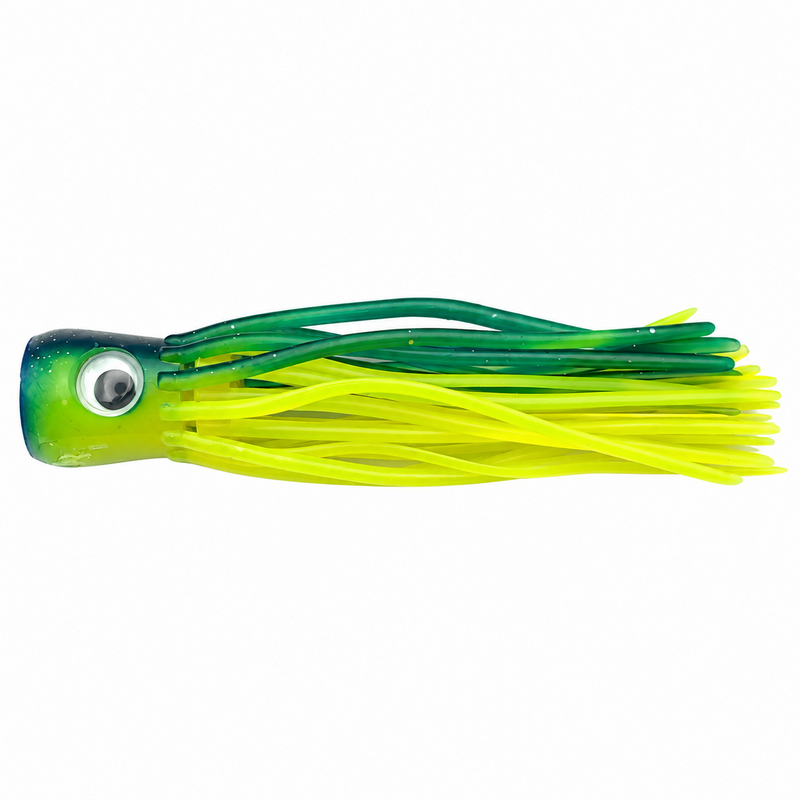 Load image into Gallery viewer, Mold Craft Little Super Chugger 5.5 inch trolling lure in Green/Yellow with a green and chartreuse head, large eye, and matching skirt, side view on white background.
