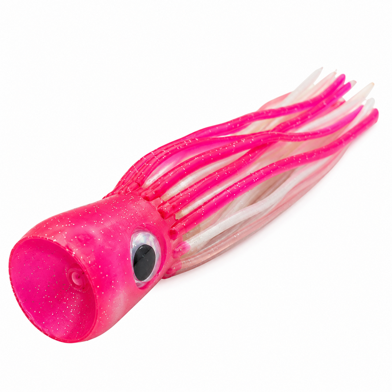 Load image into Gallery viewer, Mold Craft Little Super Chugger 5.5 inch Pink/White lure showing the concave scoop face, pink glitter head, large eye and pink-and-white skirt.
