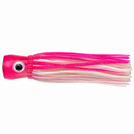 Mold Craft Little Super Chugger 5.5 inch Pink/White trolling lure with pink glitter head and matching pink and white skirt, side view on white background.