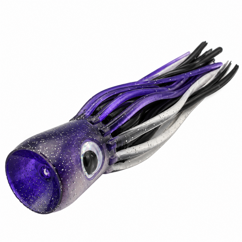 Load image into Gallery viewer, Mold Craft Little Super Chugger 5.5 inch Purple/Silver lure showing its concave scoop face, purple glitter head, large eye and purple, black and silver skirt.
