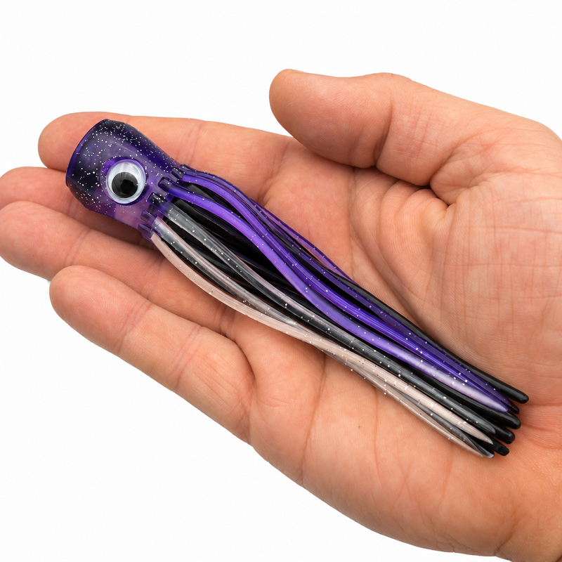 Load image into Gallery viewer, Mold Craft Little Super Chugger 5.5 inch Purple/Silver offshore trolling lure shown in hand for size reference, featuring a purple glitter head and purple, black and silver skirt.
