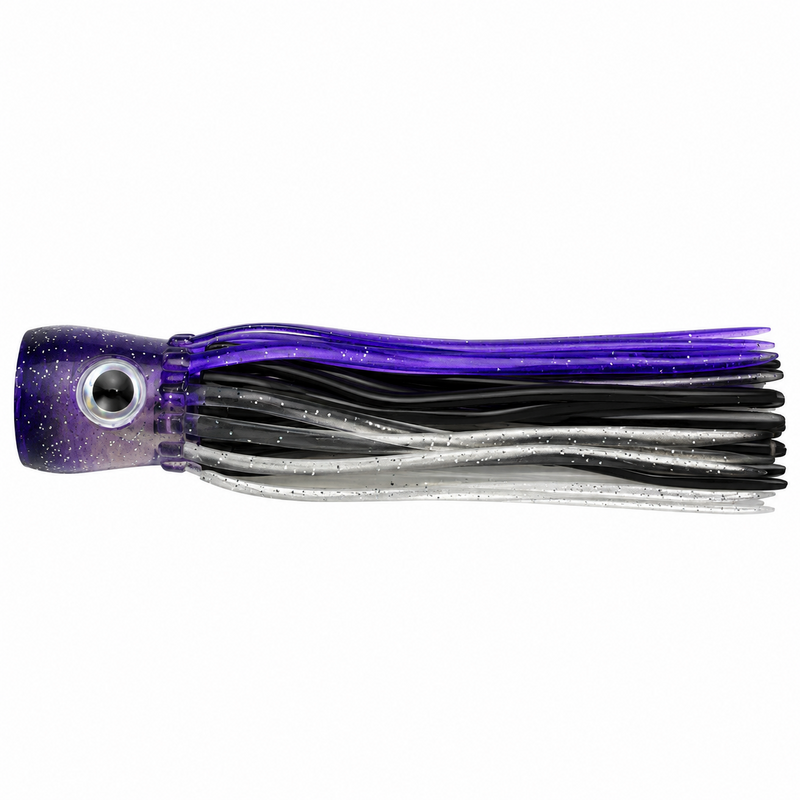 Load image into Gallery viewer, Mold Craft Little Super Chugger 5.5 inch Purple/Silver trolling lure with purple glitter head and purple, black and silver skirt, side view.
