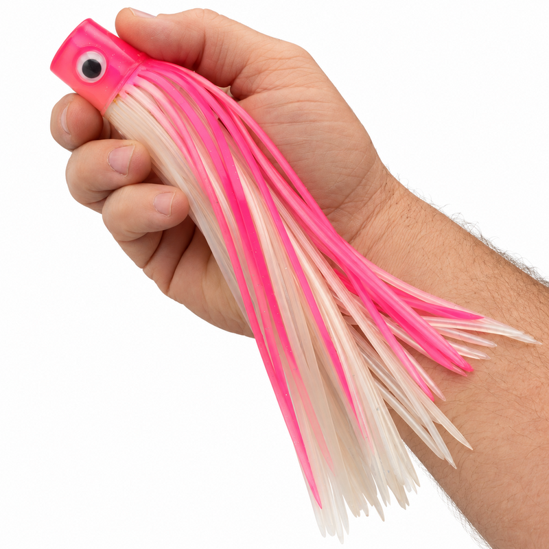Load image into Gallery viewer, Mold Craft Pink White Standard Hooker 8-inch trolling lure held in hand for size reference, featuring a glitter pink head and pink and white skirt.
