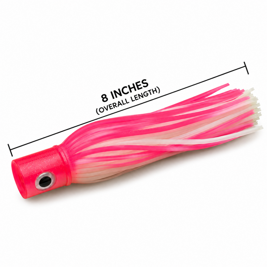 Mold Craft Pink White Standard Hooker 8-inch trolling lure with glitter pink head, pink and white skirt, and overall length measurement.