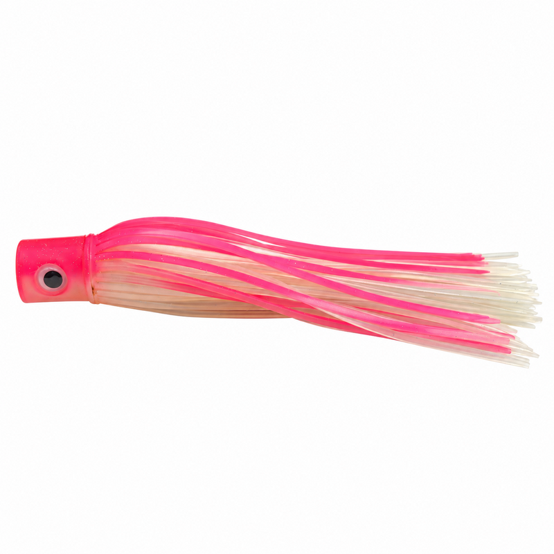 Load image into Gallery viewer, Mold Craft Pink White Standard Hooker 8-inch trolling lure with glitter pink head, 3D eye and pink and white skirt, side view on white background.
