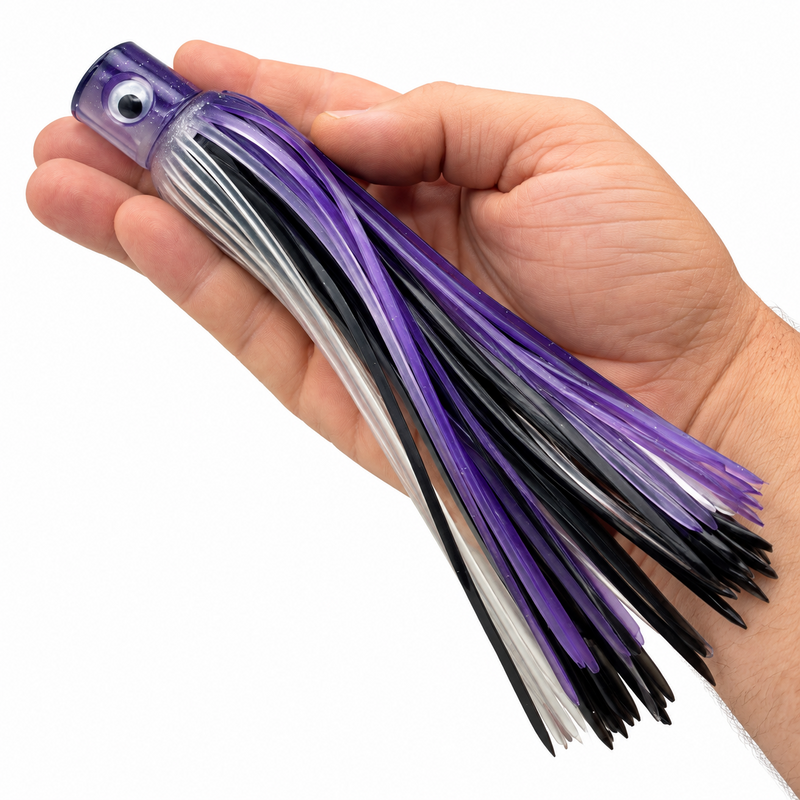 Load image into Gallery viewer, Mold Craft Purple Silver Standard Hooker 8-inch trolling lure held in hand for size reference, featuring a glitter purple head and purple, black and silver skirt.
