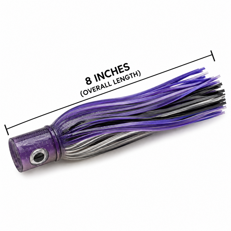 Load image into Gallery viewer, Mold Craft Purple Silver Standard Hooker 8-inch trolling lure with glitter purple head and purple, black and silver skirt, showing overall length measurement.
