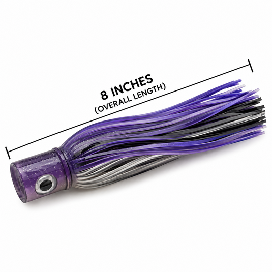 Mold Craft Purple Silver Standard Hooker 8-inch trolling lure with glitter purple head and purple, black and silver skirt, showing overall length measurement.