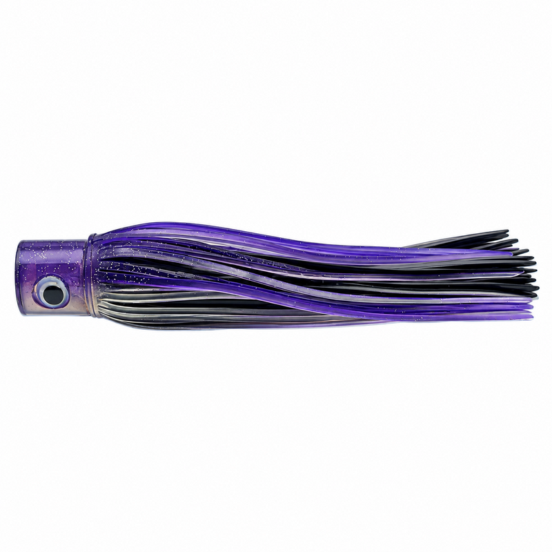 Load image into Gallery viewer, Mold Craft Purple Silver Standard Hooker 8-inch trolling lure with glitter purple head, 3D eye and purple, black and silver skirt, side view on white background.

