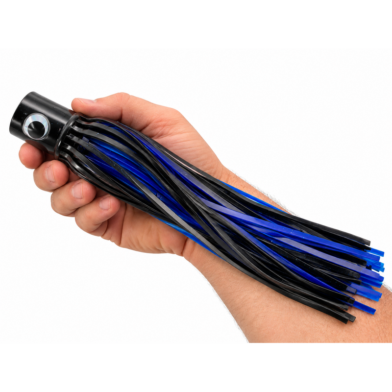 Load image into Gallery viewer, Mold Craft Senior Hooker 10-inch Black/Blue trolling lure held in hand for size reference, featuring a glossy black head with reflective eye and black and electric blue skirt.

