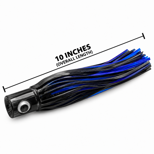 Mold Craft Senior Hooker 10-inch Black/Blue trolling lure showing overall length measurement, featuring a glossy black head with reflective eye and black and electric blue skirt on a white background.