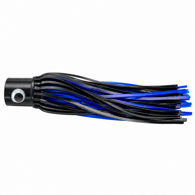 Load image into Gallery viewer, Side view of Mold Craft Senior Hooker 10-inch Black/Blue trolling lure featuring a glossy black head, reflective eye, and black and electric blue skirt on a white background.
