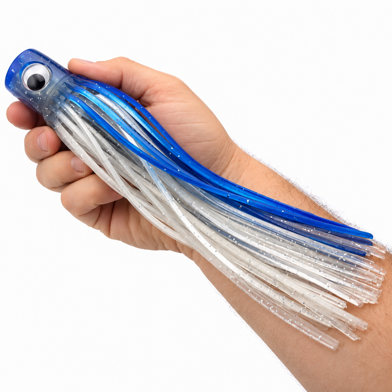 Load image into Gallery viewer, Mold Craft Senior Hooker 10-inch Blue/White trolling lure held in hand for size reference, featuring a blue glitter head with reflective eye and blue, white, and clear skirt.
