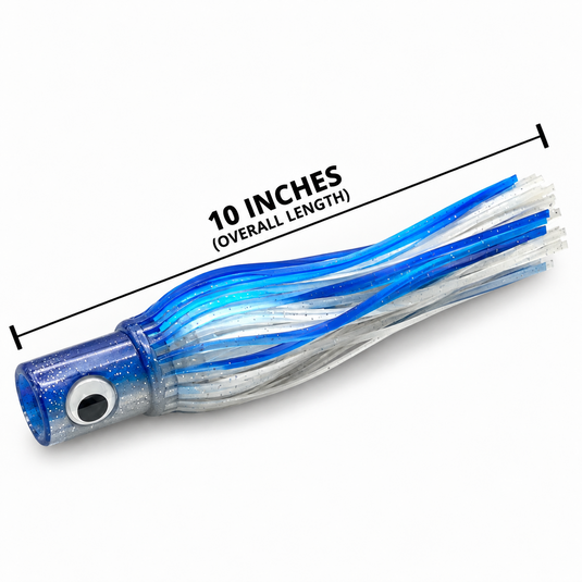 Mold Craft Senior Hooker 10-inch Blue/White trolling lure side view, featuring a blue glitter head with reflective eye and blue, white, and clear skirt on a white background.