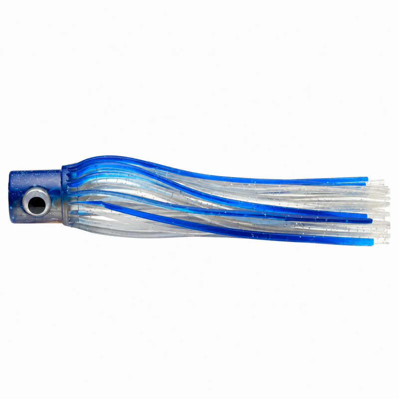 Load image into Gallery viewer, Mold Craft Senior Hooker 10-inch Blue/White trolling lure side view, featuring a blue glitter head with reflective eye and blue, white, and clear skirt on a white background.
