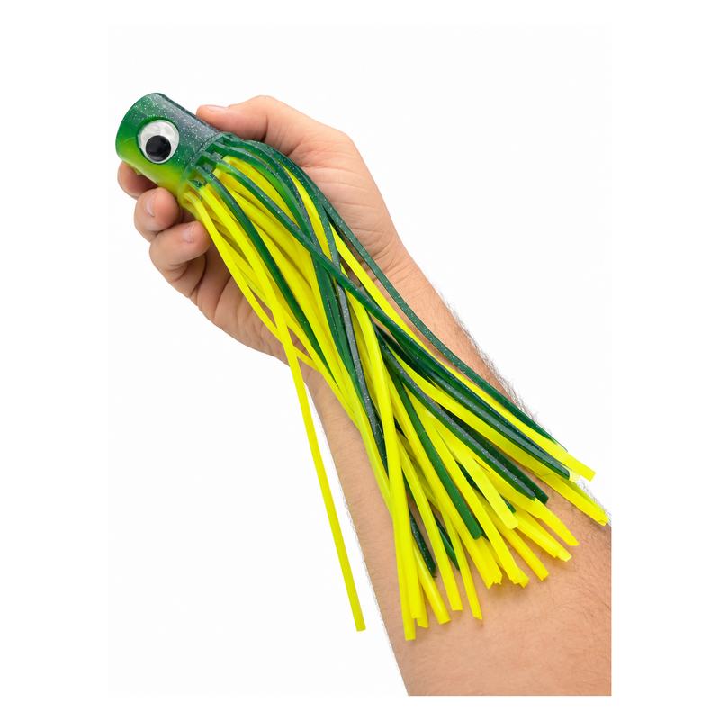 Load image into Gallery viewer, Mold Craft Senior Hooker 10-inch Green/Chartreuse offshore trolling lure held in hand for size reference, featuring a green glitter head and fluorescent chartreuse and green skirt.
