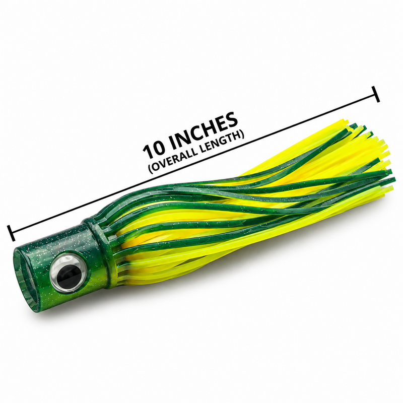 Load image into Gallery viewer, Mold Craft Senior Hooker 10-inch Green/Chartreuse trolling lure showing overall length measurement, featuring a green glitter head with reflective eye and bright green and chartreuse skirt on a white background.

