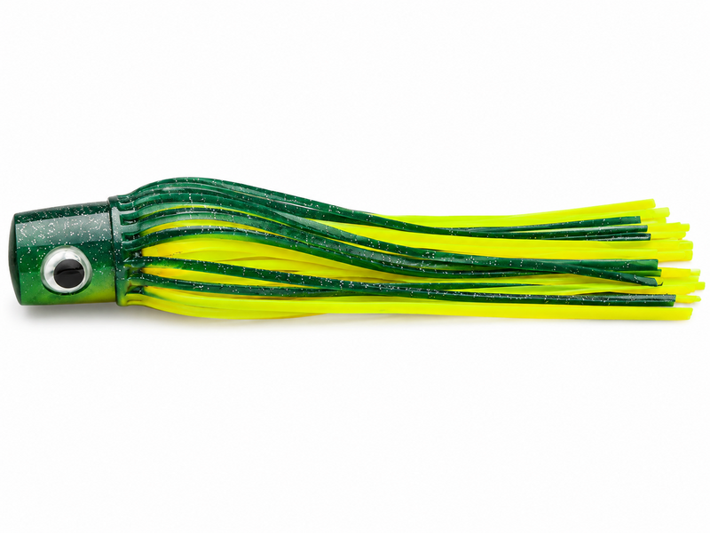 Load image into Gallery viewer, Mold Craft Senior Hooker 10-inch Green/Chartreuse offshore trolling lure held in hand for size reference, featuring a green glitter head and fluorescent chartreuse and green skirt.
