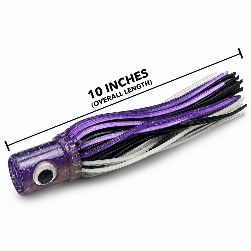 Load image into Gallery viewer, Mold Craft Senior Hooker 10-inch Purple/Black/Silver trolling lure showing overall length measurement, featuring a purple glitter head with reflective eye and purple, black, and silver skirt on a white background.
