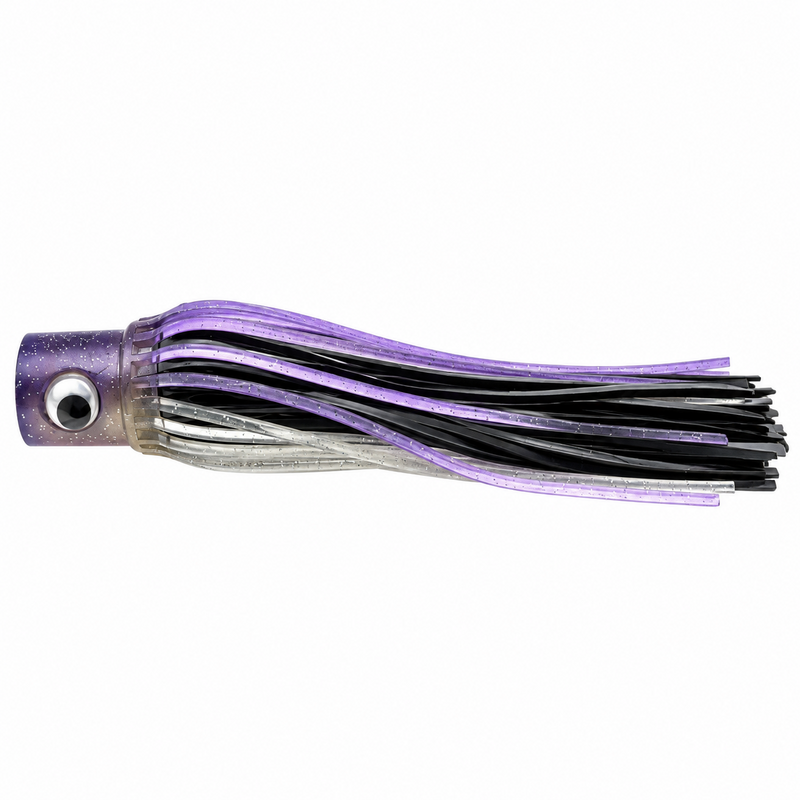 Load image into Gallery viewer, Side view of Mold Craft Senior Hooker 10-inch Purple/Black/Silver trolling lure featuring a purple glitter head, reflective eye, and purple, black, and silver skirt on a white background.
