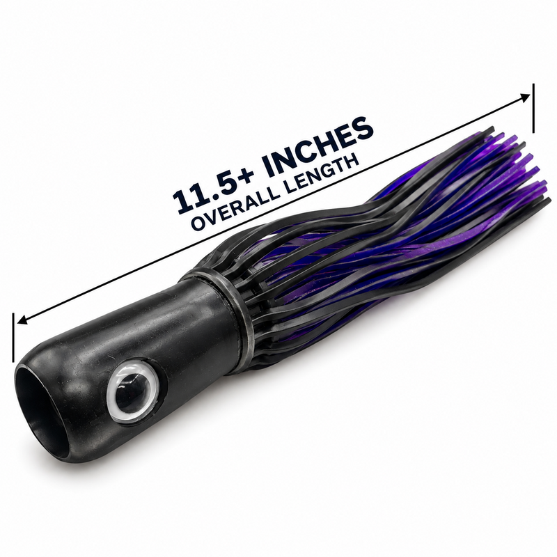 Load image into Gallery viewer, Side view of Mold Craft Senior Super Chugger Black/Purple trolling lure featuring a solid black head and long black-and-purple skirt on a white background.
