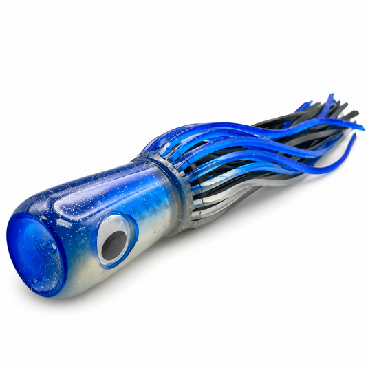Mold Craft Senior Super Chugger Blue/Silver trolling lure showing its deep concave blue glitter head, large eye, silver belly, and blue, black, and silver skirt.