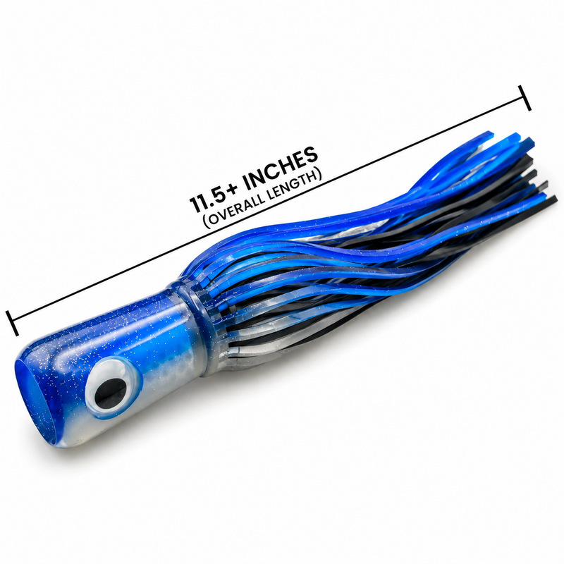 Load image into Gallery viewer, Mold Craft Senior Super Chugger Blue/Silver offshore trolling lure with measurement graphic indicating over 11.5 inches overall length.
