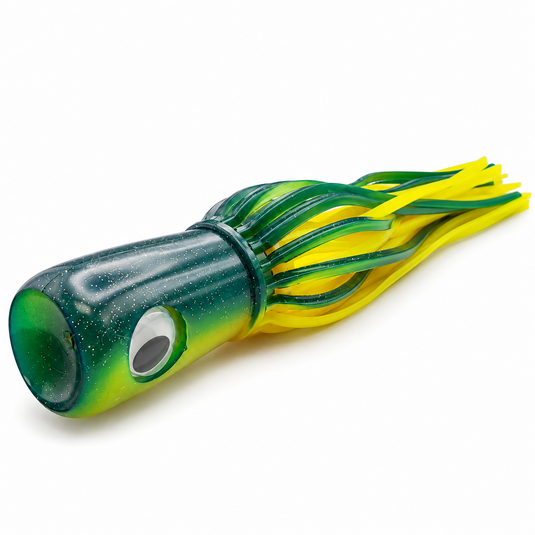 Mold Craft Senior Super Chugger Green/Yellow offshore trolling lure showing its deep concave head, large eye, green glitter finish and yellow-and-green skirt.