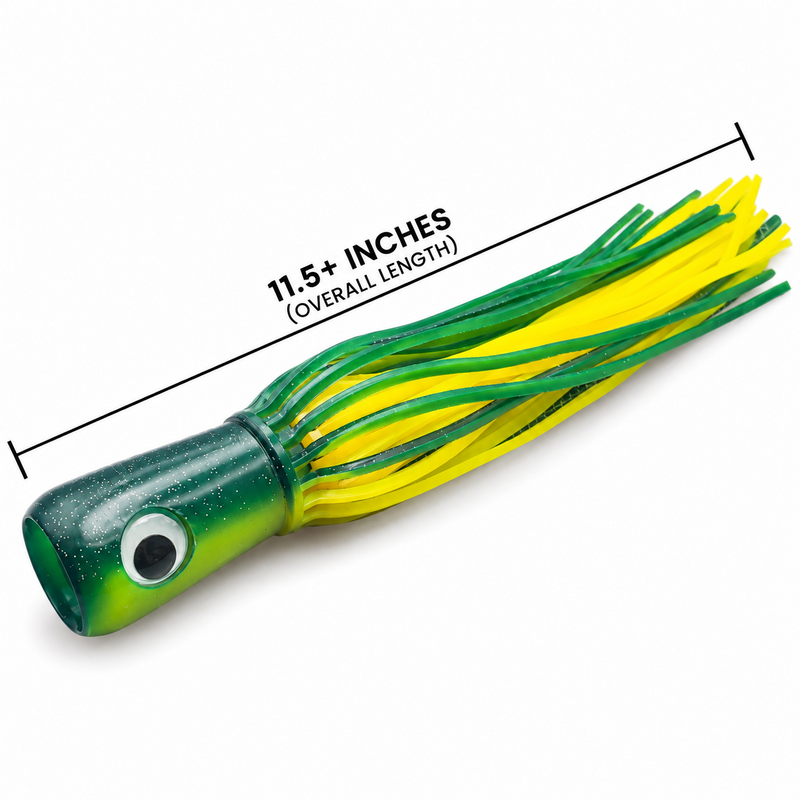 Load image into Gallery viewer, Mold Craft Senior Super Chugger Green/Yellow offshore trolling lure with measurement graphic showing over 11.5 inches overall length.
