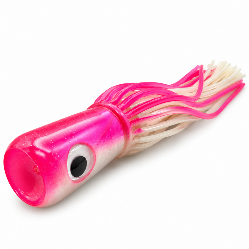 Load image into Gallery viewer, Mold Craft Senior Super Chugger Pink/White trolling lure showing its deep concave pink glitter head, large eye, white belly, and pink-and-white skirt.
