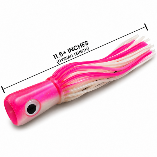 Mold Craft Senior Super Chugger Pink/White offshore trolling lure with measurement graphic indicating over 11.5 inches overall length.