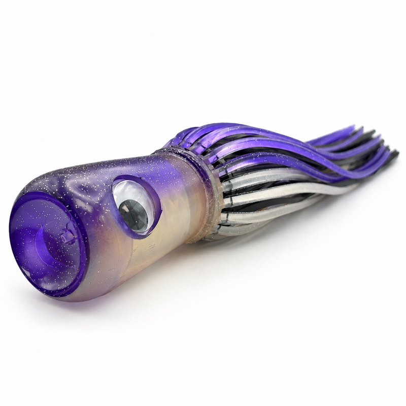 Load image into Gallery viewer, Mold Craft Senior Super Chugger Purple/Silver trolling lure showing its deep concave head, large eye, and purple, black, and silver skirt.
