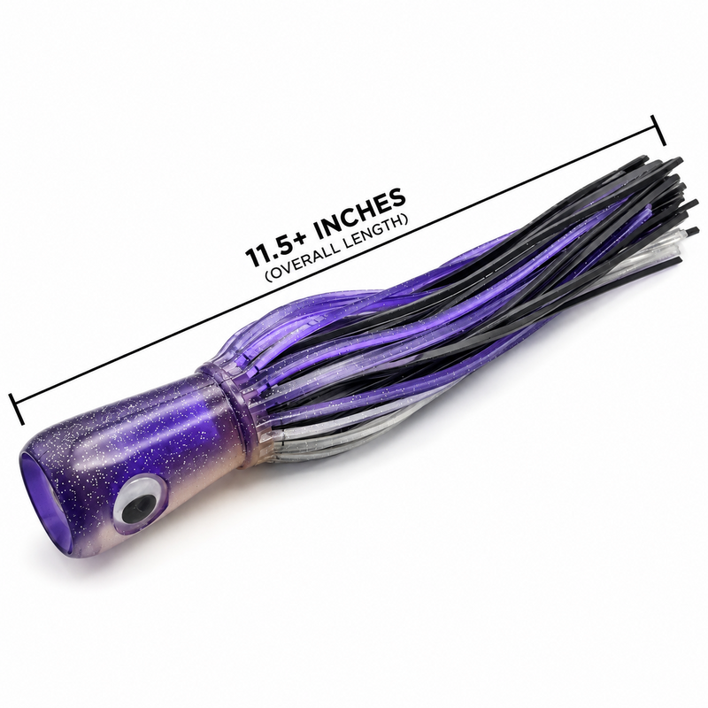 Load image into Gallery viewer, Mold Craft Senior Super Chugger Purple/Silver trolling lure with measurement graphic indicating over 11.5 inches overall length.
