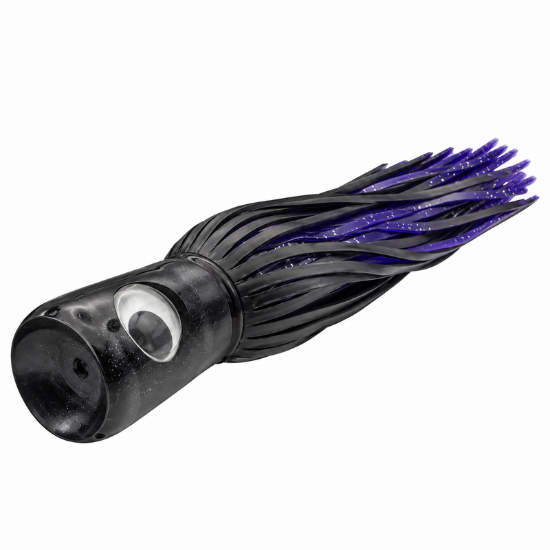Load image into Gallery viewer, Mold Craft Standard Super Chugger 8¼ inch Black/Purple offshore trolling lure showing its concave scoop face, black head, large eye, and black-and-purple skirt.
