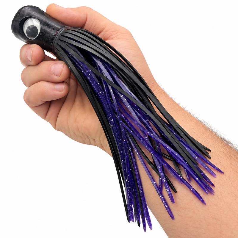 Load image into Gallery viewer, Mold Craft Standard Super Chugger 8¼ inch Black/Purple offshore trolling lure shown in hand for size reference, featuring a black head and black-and-purple glitter skirt.
