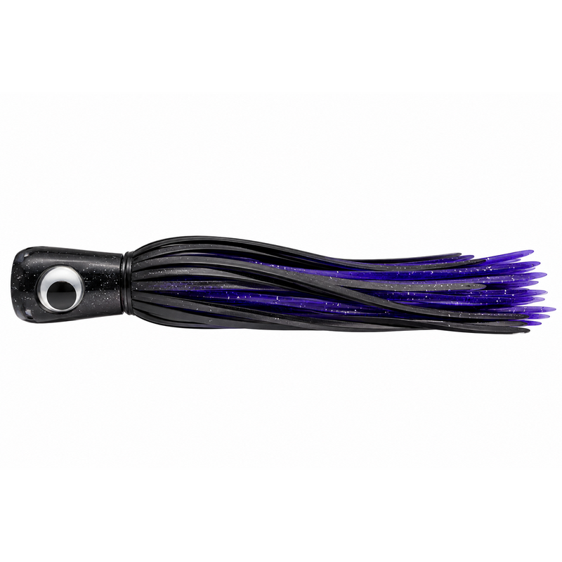 Load image into Gallery viewer, Mold Craft Standard Super Chugger 8¼ inch Black/Purple trolling lure with black head, large eye, and black-and-purple glitter skirt, side view on white background.
