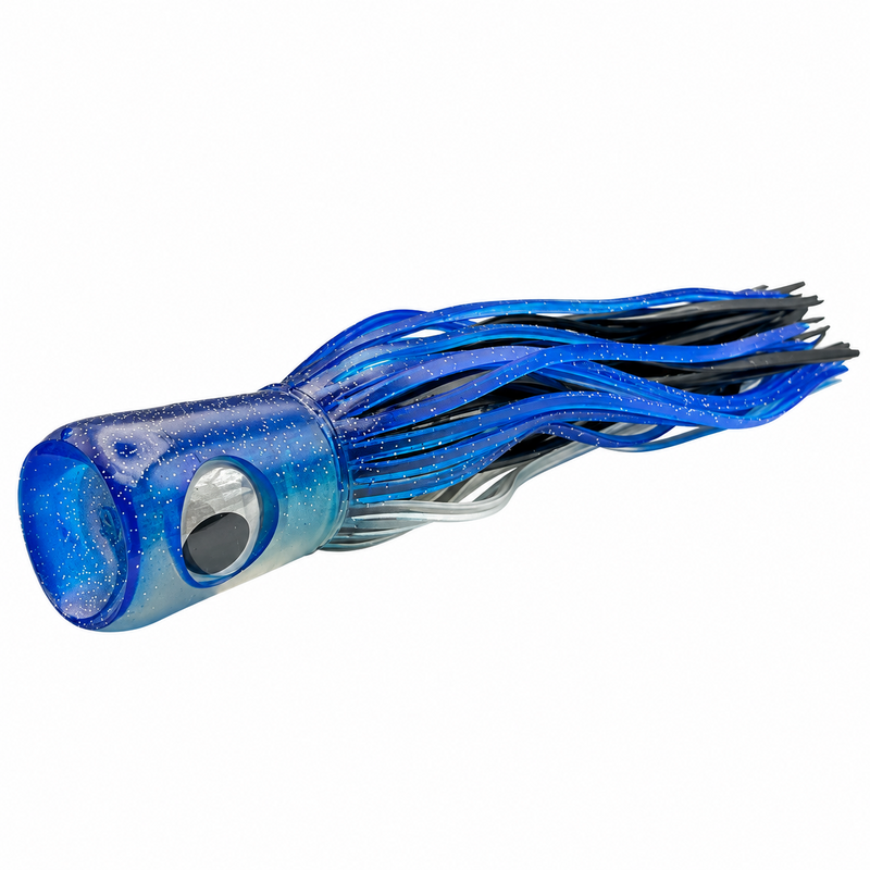 Load image into Gallery viewer, Mold Craft Standard Super Chugger 8¼ inch Blue/Silver offshore trolling lure showing its concave scoop face, blue glitter head, large eye, and blue, black, and silver skirt.
