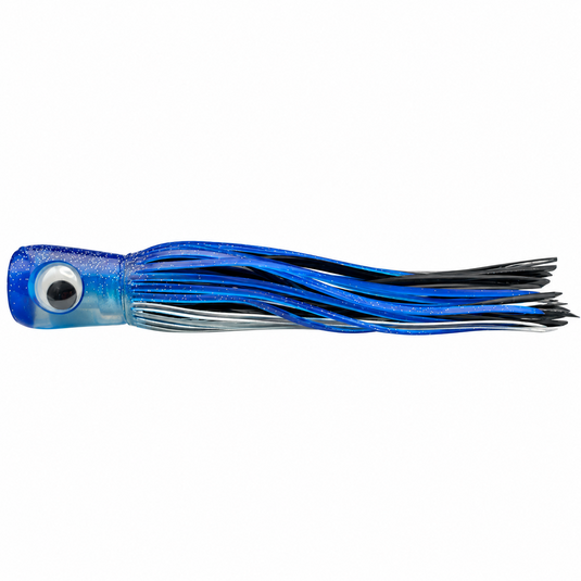 Mold Craft Standard Super Chugger 8¼ inch Blue/Silver trolling lure with blue glitter head, large eye, and blue, black, and silver skirt, side view on white background.