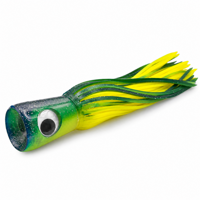 Load image into Gallery viewer, Mold Craft Standard Super Chugger 8¼ inch Green/Yellow offshore trolling lure showing the concave scoop face, green glitter head, large eye, and green-and-yellow skirt from a front angle.
