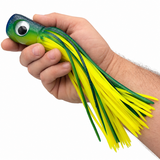 Mold Craft Standard Super Chugger 8¼ inch Green/Yellow offshore trolling lure shown in hand for size reference, featuring a green glitter head, large eye, and green-and-yellow skirt.