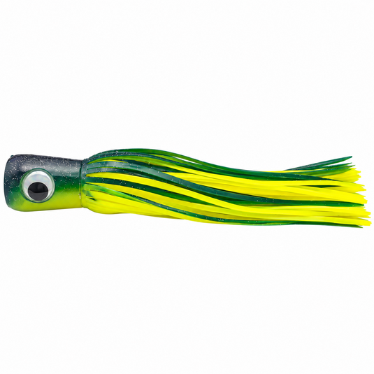 Mold Craft Standard Super Chugger 8¼ inch Green/Yellow offshore trolling lure featuring a green glitter head, large eye, and bright green-and-yellow skirt, side view on white background.