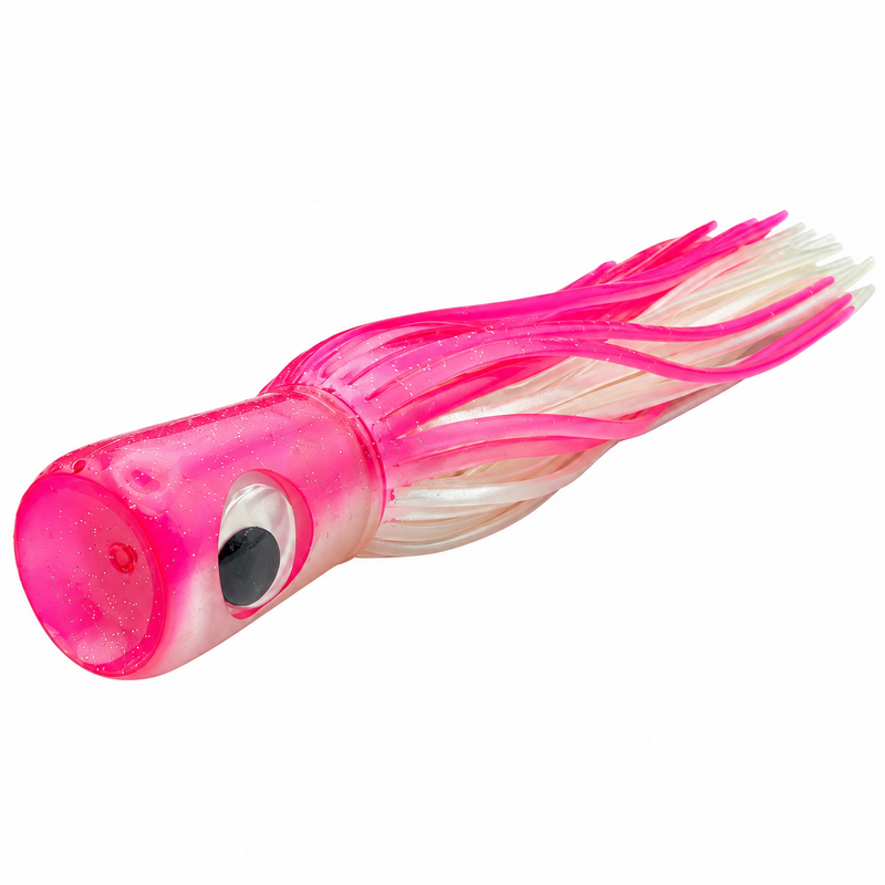 Load image into Gallery viewer, Mold Craft Standard Super Chugger 8¼ inch Pink/White offshore trolling lure showing its concave scoop face, pink glitter head, large eye, and pink-and-white skirt.
