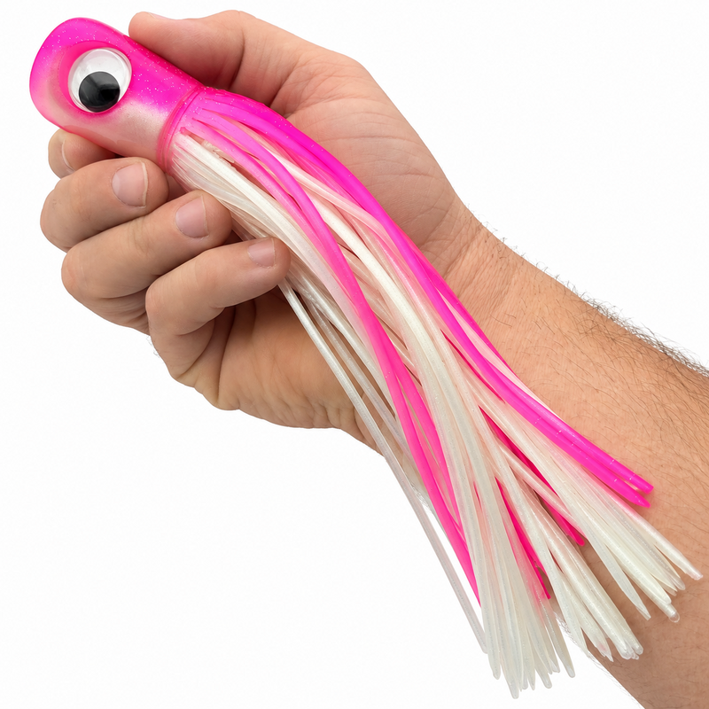 Load image into Gallery viewer, Mold Craft Standard Super Chugger 8¼ inch Pink/White offshore trolling lure shown in hand for size reference, featuring a pink glitter head and pink-and-white skirt.
