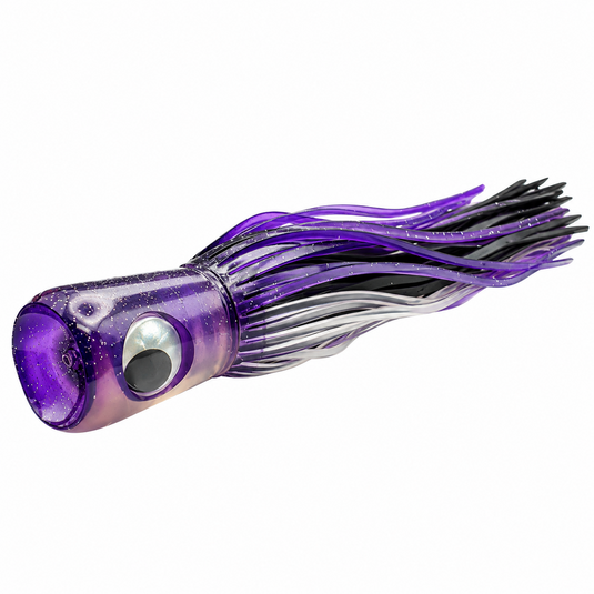 Mold Craft Standard Super Chugger 8¼ inch Purple/Silver offshore trolling lure showing its concave scoop face, purple glitter head, large eye, and purple, black, and silver skirt.